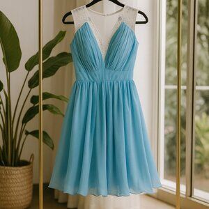 Little Mistress Blue Ruched Sundress – Elegant Wedding Guest Dress – Size 6 US,